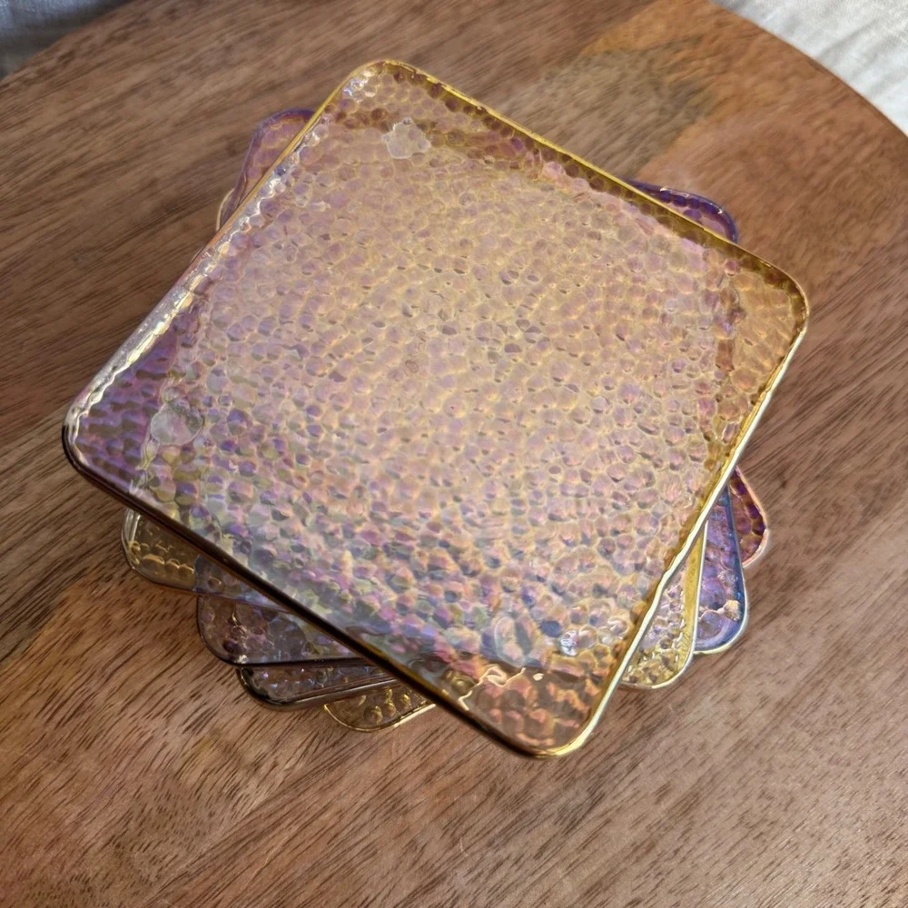Anthropologie Zaza Coasters Set of 5 Gold Lustered Hammered Bubble Glass Barware